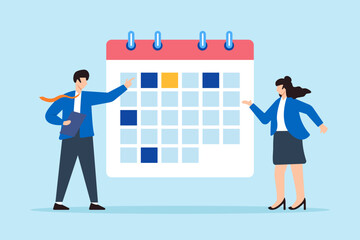 Poster - Flat illustration of businessman and businesswoman work together on calendar planner to schedule and organize team meetings