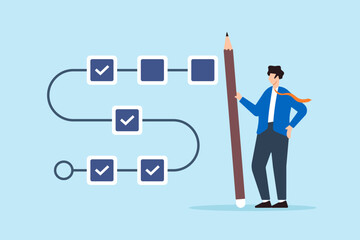 Poster - flat illustration of project manager hold large pencil to check completed task tracking progress in 