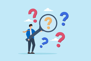Poster - flat illustration of businessman hold magnifying glass analyzing question mark to investigate and so