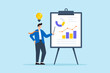 © VZ_Art - Flat illustration of confident businessman present sales pitch on whiteboard aiming to convince client of idea