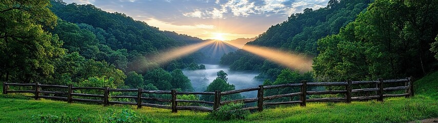 Wall Mural - a breathtaking landscape at sunrise, featuring misty hills, a serene river, and beams of sunlight il