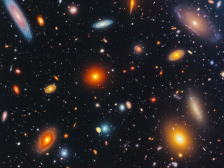 Poster - stunning view of countless galaxies in deep space, showcasing vibrant colors and intricate formations. vastness of universe is truly mesmerizing