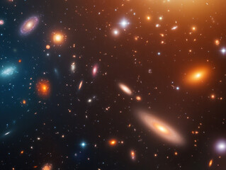 Poster - stunning view of distant galaxies in cosmic landscape filled with stars and vibrant colors. vastness of space is beautifully captured