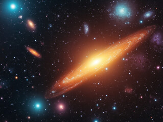 Poster - stunning galaxy with bright orange core and surrounding stars, showcasing cosmic beauty and vastness