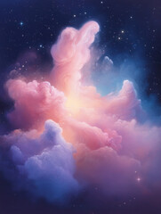 Poster - vibrant cosmic cloud with pink and purple hues, illuminated by starlight, creates dreamy atmosphere