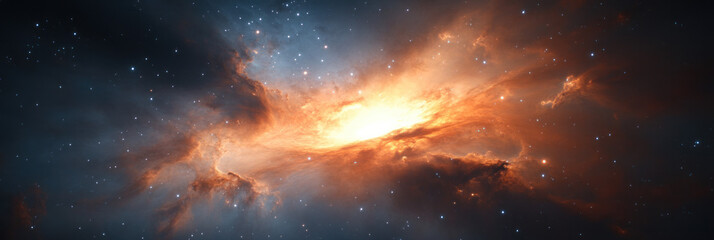 Poster - stunning cosmic scene featuring vibrant nebula with bright orange and blue hues, surrounded by countless stars