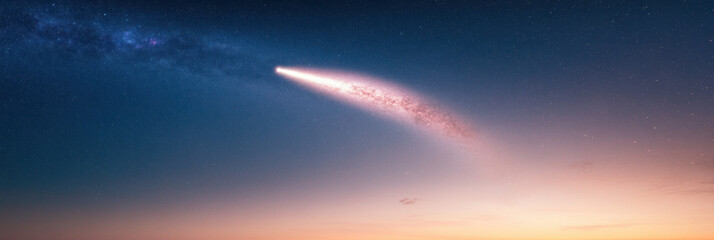 Poster - stunning cosmic scene featuring bright comet streaking across twilight sky, illuminating horizon with its ethereal glow