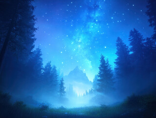 Poster - serene night landscape featuring starry sky, towering mountains, and dense pine trees. blue hues create tranquil atmosphere