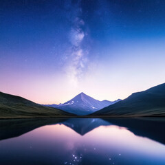 Poster - Majestic mountain landscape reflecting in calm lake under starry sky