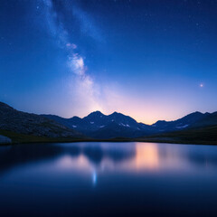 Aufkleber - serene lake reflects starry sky and mountains at dusk, creating tranquil atmosphere
