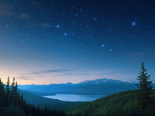 Poster - serene night sky filled with stars over tranquil lake and mountains. landscape features lush green forests and peaceful atmosphere