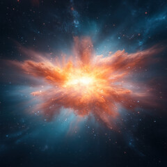 Poster - vibrant explosion of cosmic colors illuminates universe, showcasing fiery orange and deep blue hues in stunning celestial display