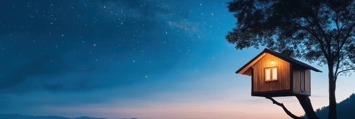 Poster - cozy treehouse illuminated at night under starry sky, surrounded by nature