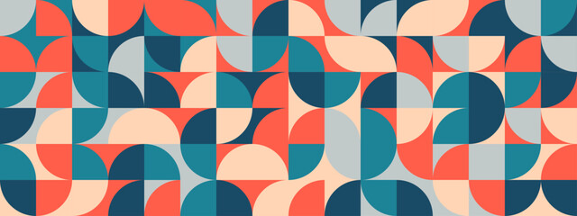 Poster - Bright curve seamless pattern. Abstract geometric mid century background. Modernist or postmodernist style wallpaper. Vector modular repeating overlay. Colorful mural backdrop