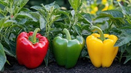 Poster - Red, Green, and Yellow Bell Peppers in a Garden