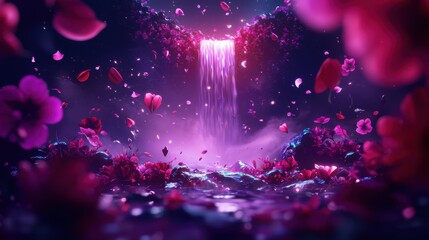 Wall Mural - a vibrant waterfall surrounded by pink petals, creating a mystical and serene atmosphere in a dark, 