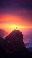 Wall Mural - a seagull perched on a rock against a vibrant sunset, casting soft reflections on the ocean waves be