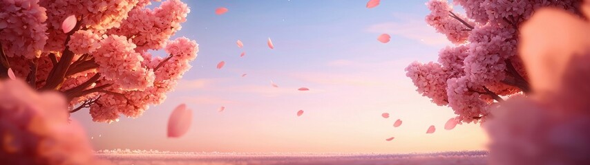 Wall Mural - a tranquil landscape featuring pink flowering trees against a serene sunset sky, with petals gently 