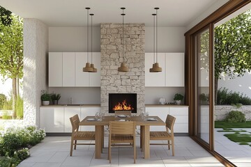 Wall Mural - Outdoor kitchen design with dining for four and a central fireplace.