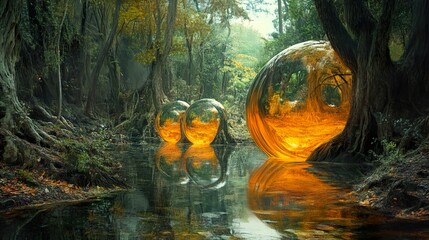 Wall Mural - Enchanted Forest: Golden Spheres Reflecting in a Mystical River