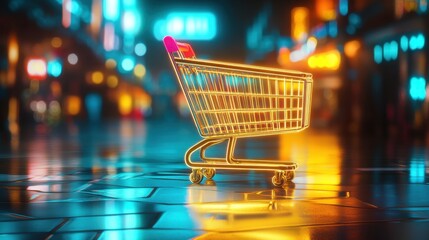 A shopping cart with a glowing neon outline rendered in a D digital art style.