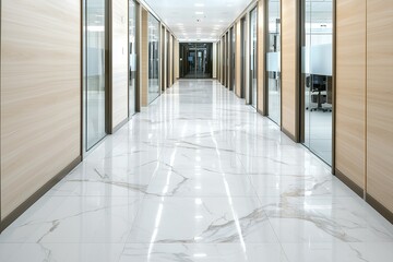 Wall Mural - Modern corridor, marble flooring, wooden accents, glass.