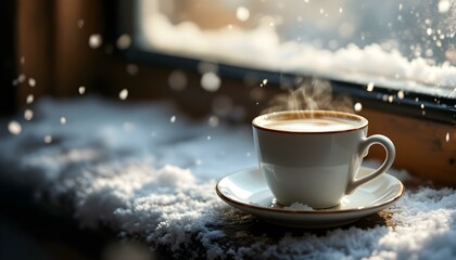 Wall Mural - A steaming espresso shot on a frosty windowsill with falling snow in the background