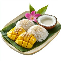 Wall Mural - Delicious Mango Sticky Rice Dessert Served with Coconut Cream and Garnished with Fresh Orchid Flower