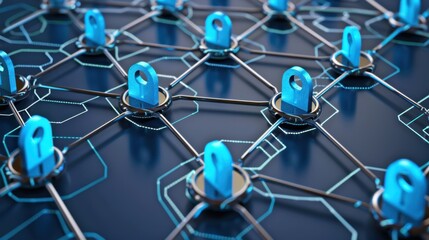 Poster - Secure network connections with blue locks and digital nodes create visual representation of cybersecurity. This emphasizes importance of data protection and secure communication