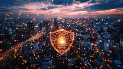 Poster - Digital security concept with shield symbol over city skyline