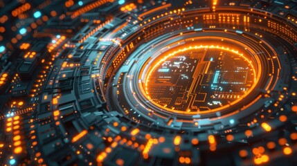 Poster - futuristic digital circuit design with glowing orange elements, showcasing intricate patterns and te