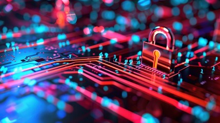 Poster - digital security concept with padlock on circuit board