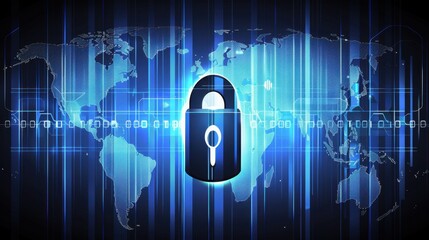 Poster - Digital lock symbolizing cybersecurity on global map background, representing data protection and online security measures