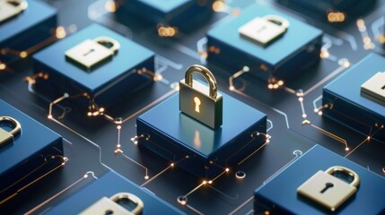 Poster - digital locks on circuit boards symbolize cybersecurity and data protection. image showcases modern,