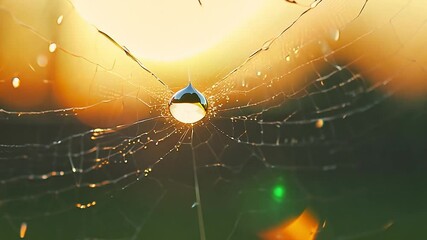 Zoom in video of a spider web with dew drops, showcasing the intricate patterns under warm golden hour light, creating a glistening effect