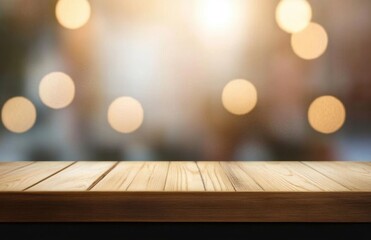 Art Empty wooden deck table over light blurred wallpaper background.