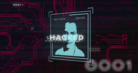 Poster - hacked text over digital user profile and circuit board animation