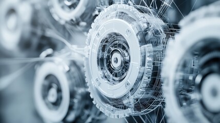 Poster - Futuristic Circuits and Gears in a High-Tech Environment Showcasing Advanced Technology and Innovation with a Smooth, Metallic Finish for Digital Artwork and Backgrounds