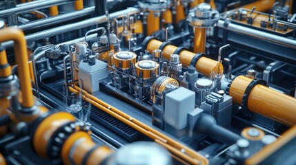 Poster - Complex Industrial Machinery with Pipes, Valves, and Pressure Gauges in a Modern Manufacturing Facility Showcasing Advanced Engineering and System Design for Professionals in Technology