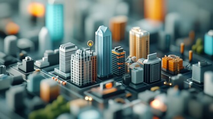 Poster - Aerial View of a Miniature Cityscape with Skyscrapers, Urban Buildings, Roads, and Trees in a Vibrant Modern Landscape Design Featuring Various Architectural Styles
