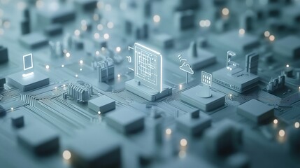 Poster - Futuristic Cityscape with Abstract Technology Elements Showcasing Digital Connectivity and Smart Devices Representing Modern Innovations in Urban Life