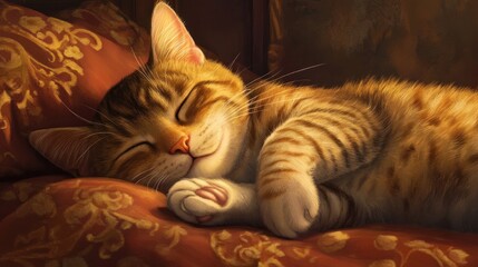 Wall Mural - Sleeping Tabby Cat on a Pillow