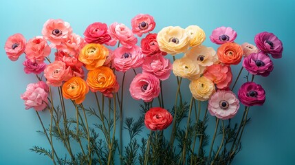 Sticker - Colorful ranunculus flowers against a blue background.