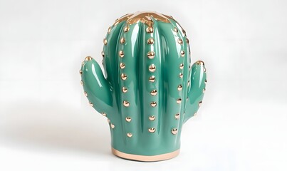 Teal ceramic cactus figurine with gold accents.