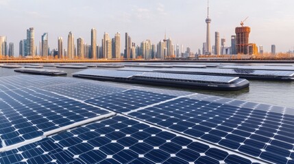 Wall Mural - Solar panels on water with a city skyline in the background.