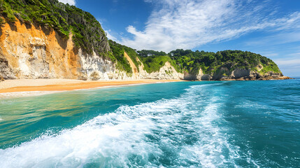 Wall Mural - A mesmerizing coastal panorama seen from a boat, with vibrant blue seas, a golden sandy beach and steep cliffs covered in green