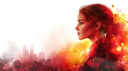 Wall Mural - fiery woman profile against cityscape: a digital painting