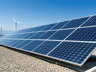 Wall Mural - Solar panels and wind turbines in a clear blue sky setting.