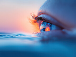 Poster - close up of eye reflecting sunset over water, showcasing vibrant colors and intricate details