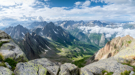 Wall Mural - A stunning wide-angle view of a high-altitude mountain range, featuring sharp rocky peaks, lush valleys and rolling clouds